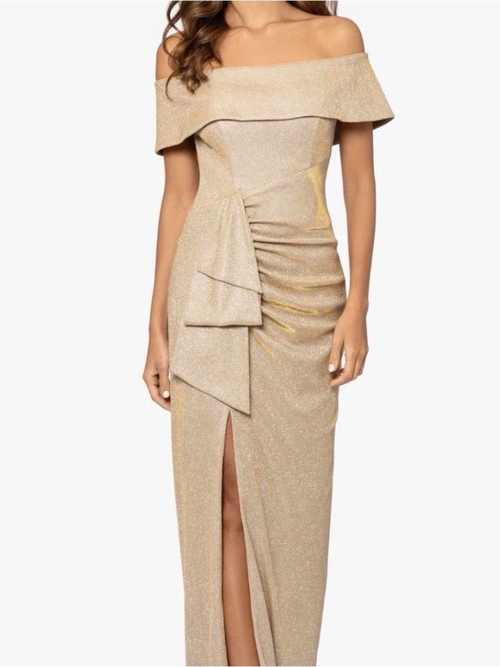Xscape Off-Shoulder Metallic Evening Gown in Champagne Gold size 16 W